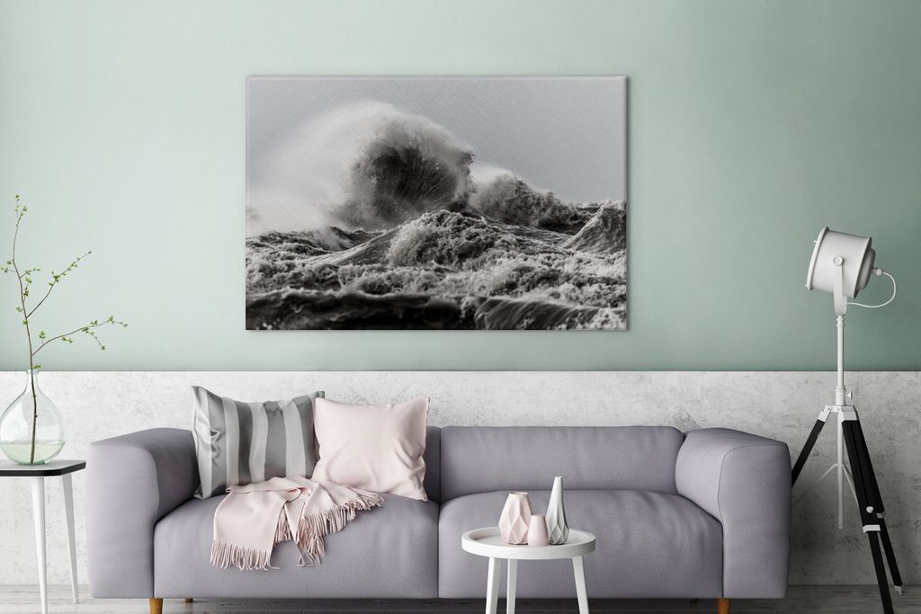 OneMillionCanvasses - Leinwandbilder - 140x90 cm, Stürmische Wellen in Schwarz und Weiß, Wandbilder Kunstdruck Wanddekoration