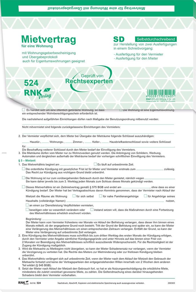 RNK Verlag 524/10 Universal-Mietverträge für Wohnungen - Produktbild 