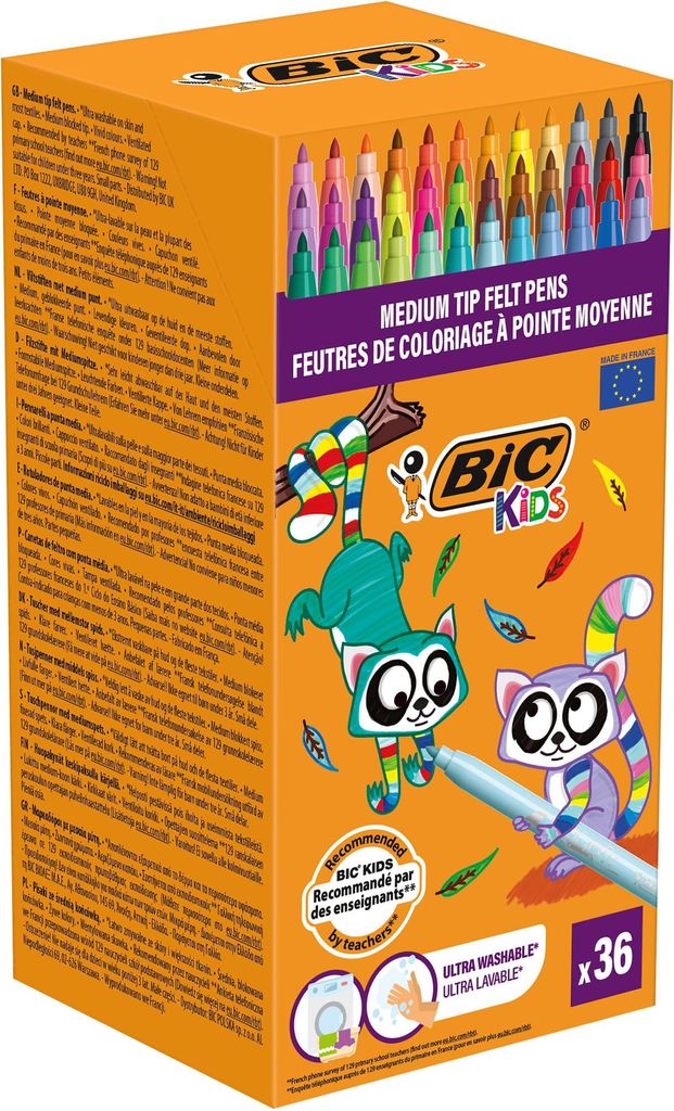 BIC Kids Kid Couleur Filzstifte, 36 Farben, Wasserlöslich, Mittlere Spitze, Ab 5 Jahren