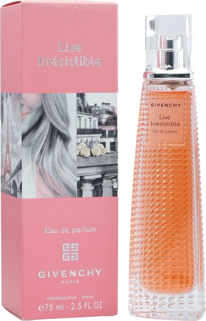 Eleganter, hoher Flakon mit rautenförmiger Glasstruktur und pinkem Etikett, daneben rosa Box mit Aufdruck „Live Irrésistible Eau de Parfum“.
