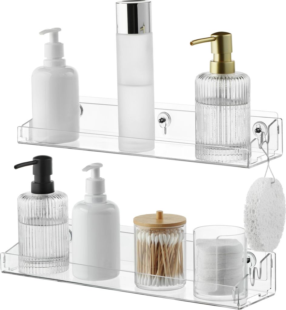 Navaris Acryl Schweberegal - 2x Regale - Badezimmer Regal ohne Bohren - Wandregale mit abnehmbaren Seiten - Wandregal Küche - Kleines Regal Badezi...