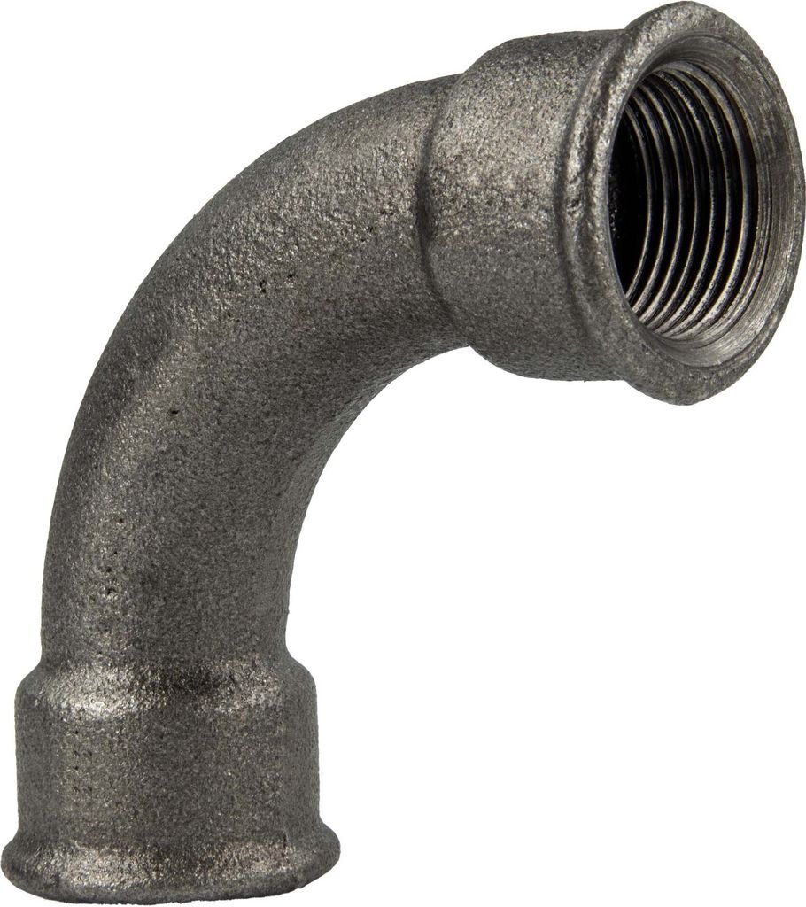 Temperguss-Gewindefitting schwarz langer Bogen 90°, IG x IG 1 1/2 Zoll, Typ 2, DVGW