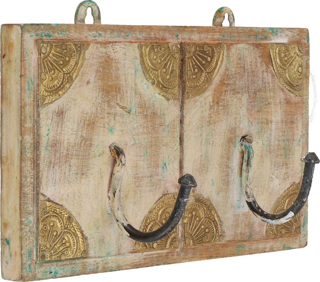 Doppel Garderobenhaken, Holz Kleiderhaken im Kolonialstil - Design 2 _1, Holz,Messing, 12*20*5 cm, Wandhaken aus Holz, Metall & Keramik