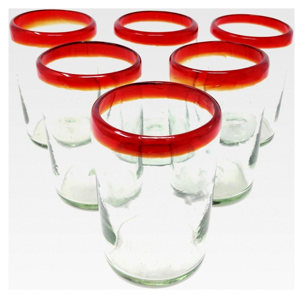 Mundgeblasene mexikanische Trinkgläser – Set mit 6 Gläsern mit rotem Rand (je 400 ml)