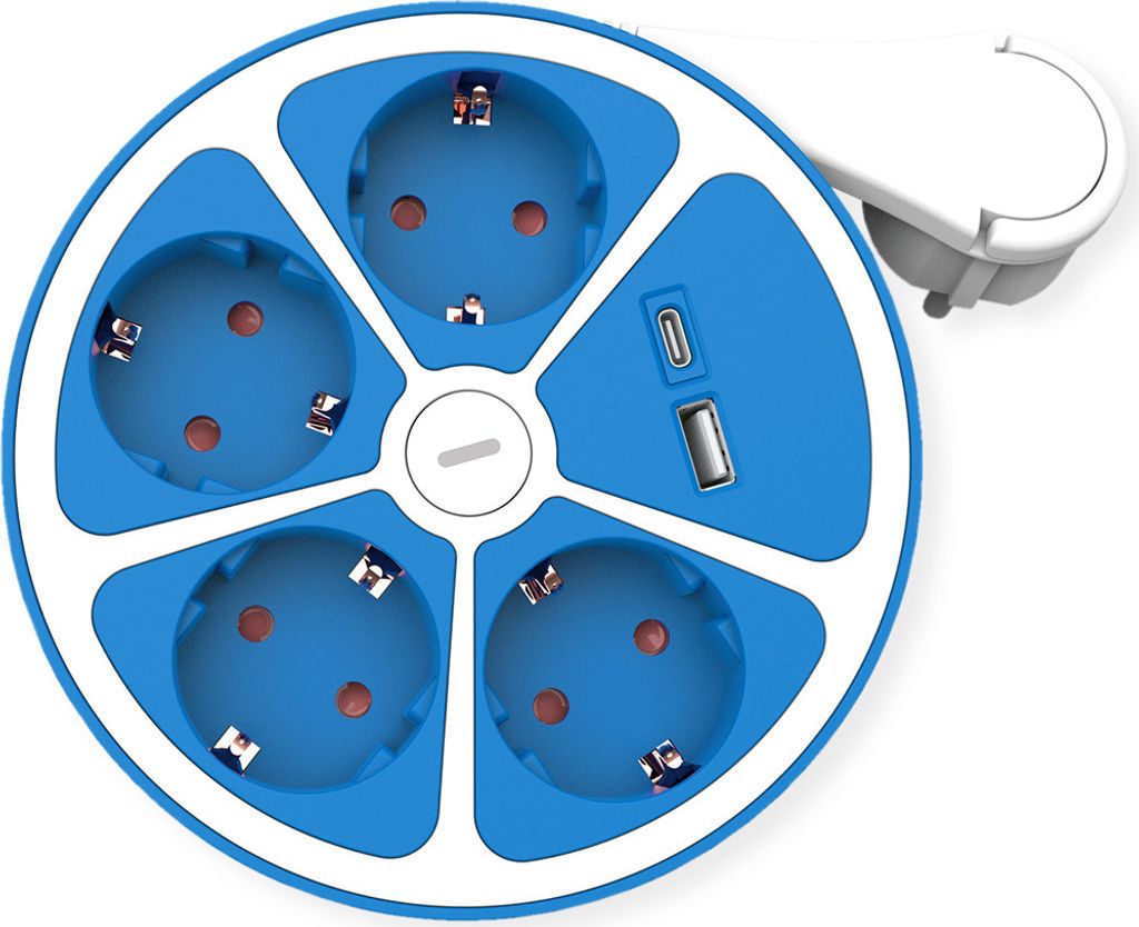 ROLINE 4-fach Steckdosenleiste mit Schalter, rund, USB-Charger A+C, blau, 1,5 m