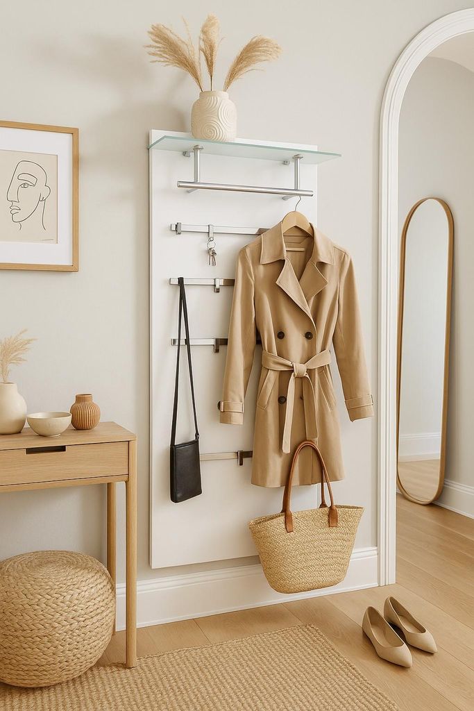 An entryway with a coat rack, console table, and mirror.