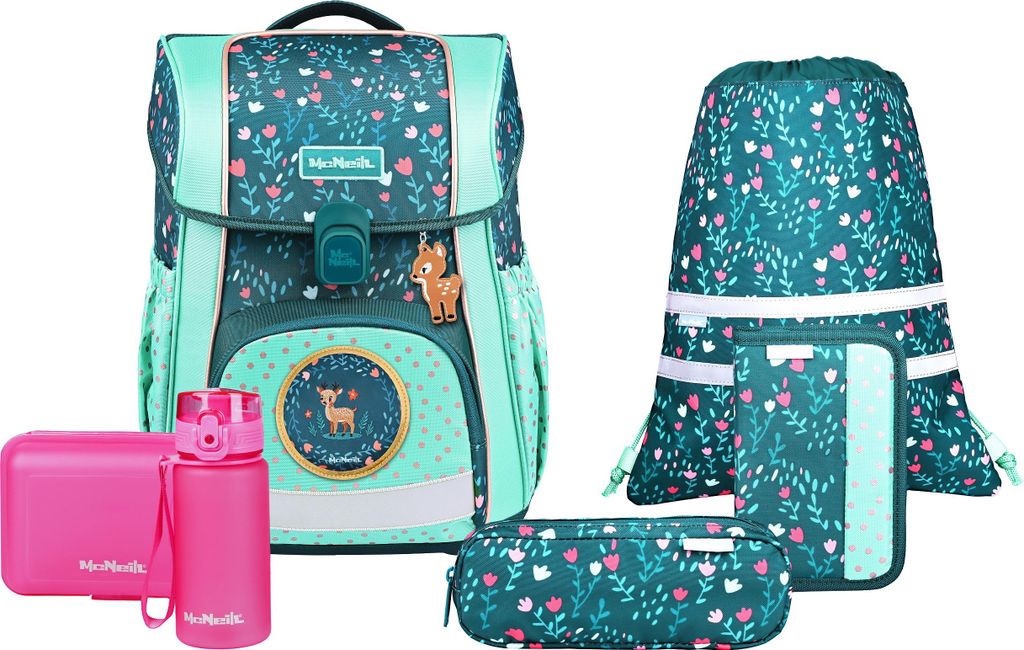 A collection of school supplies including a backpack, a drawstring bag, a pencil case, a lunch box, and a water bottle, all featuring a floral and deer motif.