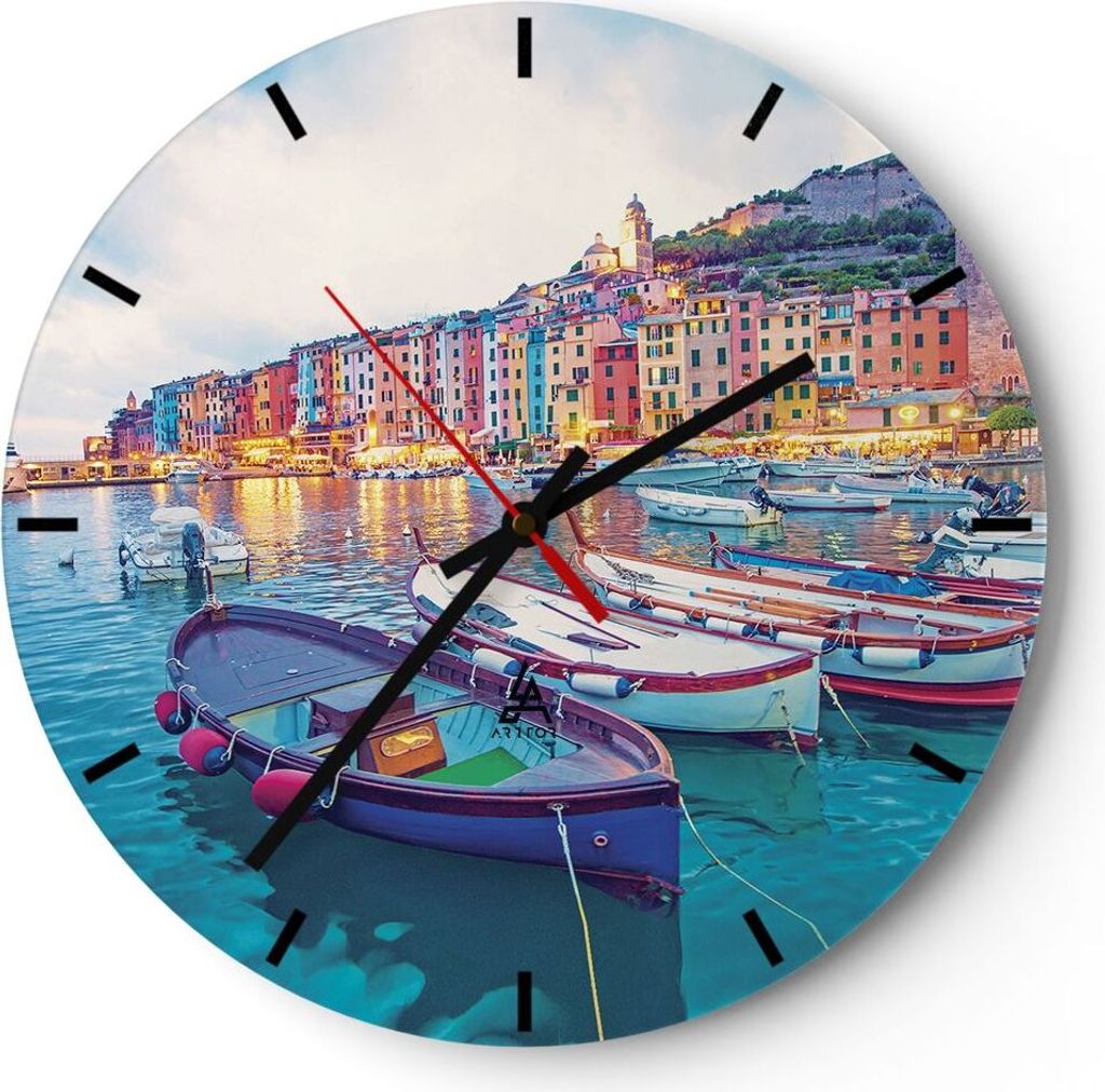 Wanduhr - Rund - Glasuhr - Porto Boote die Farben - 40x40cm - Schleichendes Uhrwerk - Lautlos - zum Aufhängen bereit - Dekoration Modern - Wanddek...