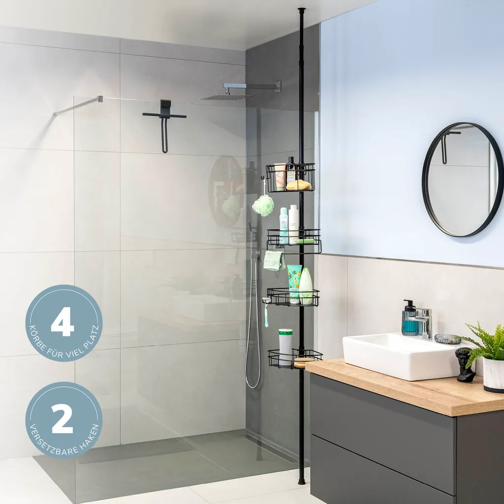 Rangement de douche télescopique pour angle, étagère noire sans perçage - 3