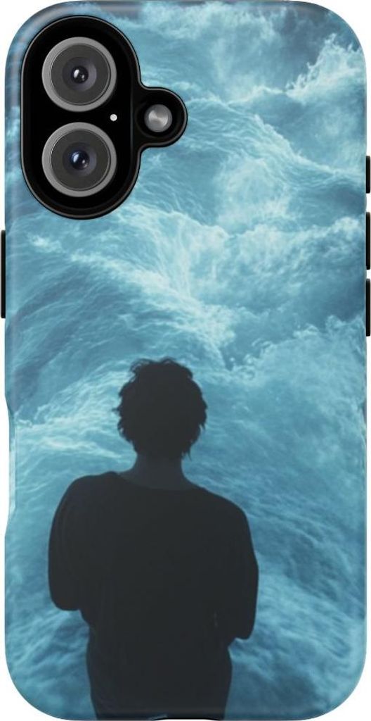 Silhouette inmitten blauer Wellen – Hülle Kompatibel mit iPhone 16