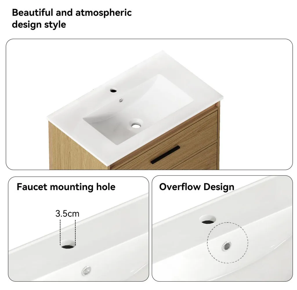 Meuble sous-vasque 75 cm chêne clair, solution de rangement à 2 tiroirs - 9
