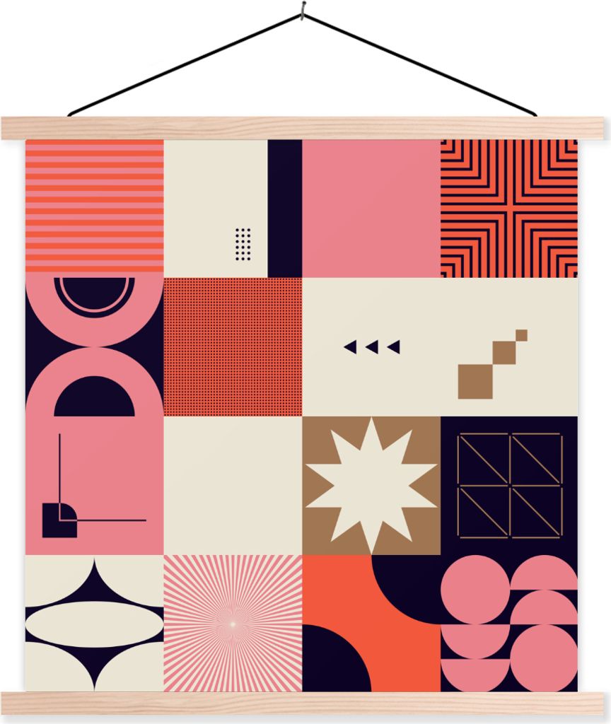 MuchoWow Textilposter Formen - Vintage - Geometrie - Muster 120x120 cm mit holzfarbenen Rahmen - Textil-Poster