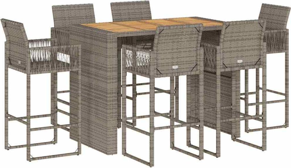 7-tlg. Gartenbar-Set ohne Kissen Grau Poly Rattan Akazie