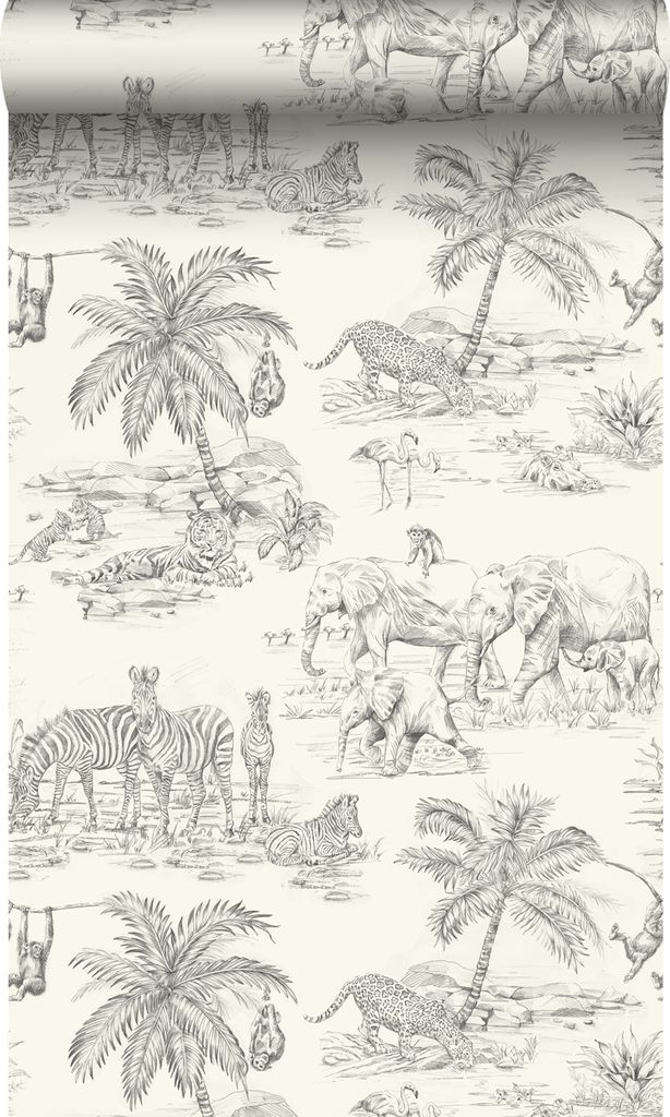 Origin Wallcoverings Tapete Dschungeltiere Elfenbeinweiß und Grau 53 cm x 10.05 m
