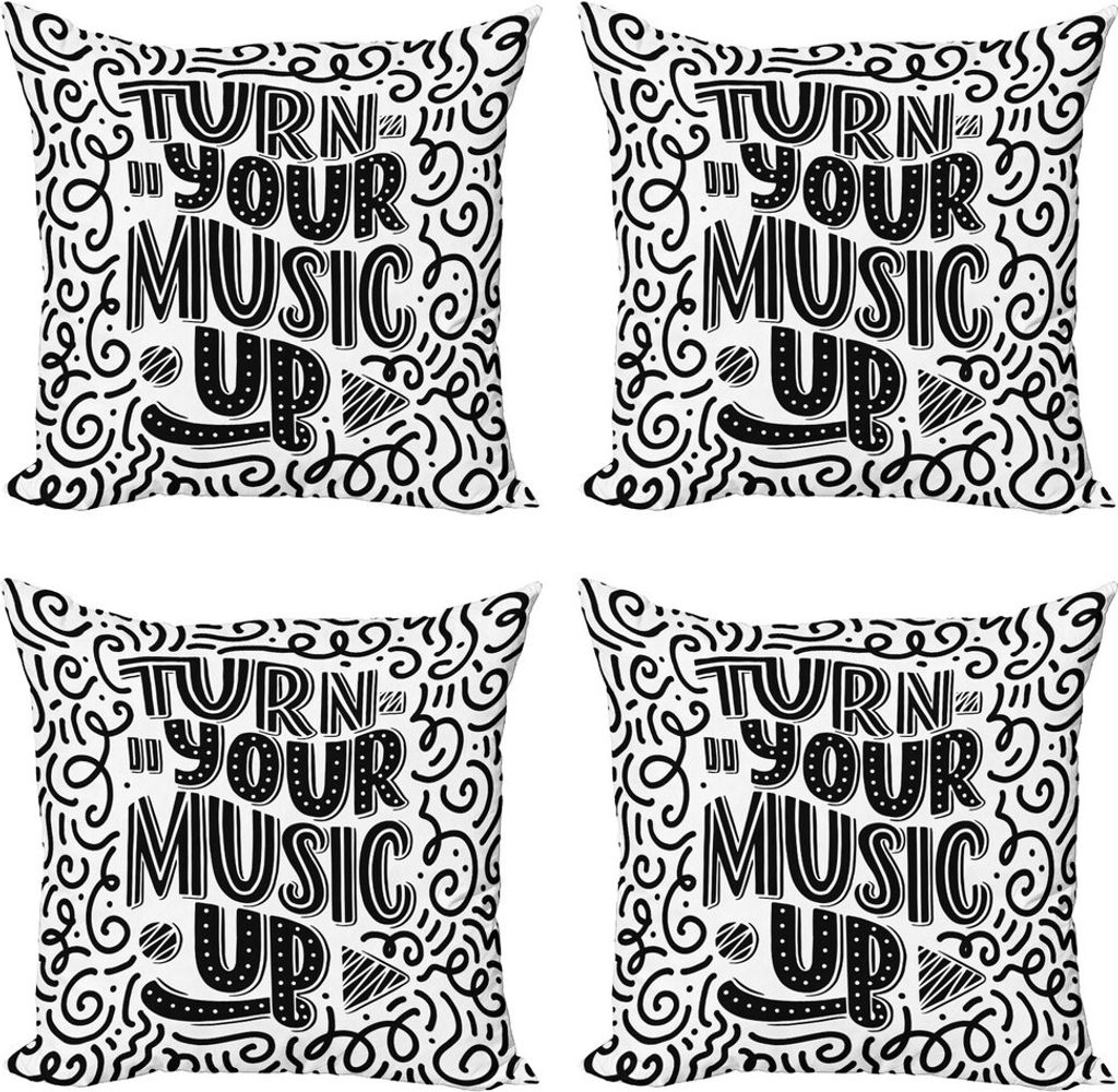 ABAKUHAUS Rock'n'Roll Kissenbezug Set (4 Stück), Schalten Sie Ihre Musik, Moderner Doppelseitiger Digitaldruck, 40 cm x 40 cm, Charcoal Grau und W...