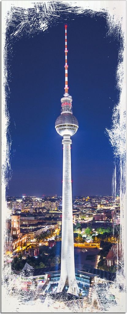Wallario Kunstdrucke Wandbilder Holz in : Brillante Farben, Größe 50 x 125 cm Motiv Fernsehturm Berlin bei Nacht