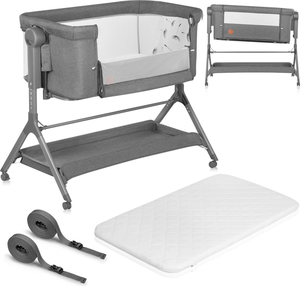 A baby bassinet and its accessories are displayed on a white background.