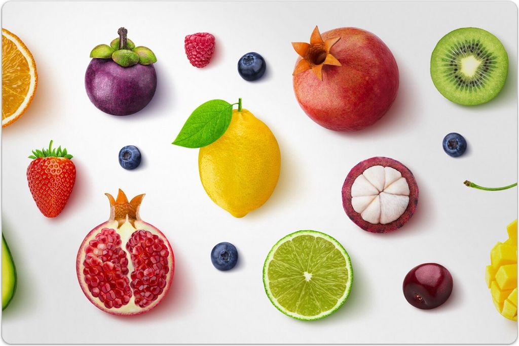 Küchenmatte 100x150 cm Vinylmatte Bodenmatte Dekoration -Weiße Farbige Früchte