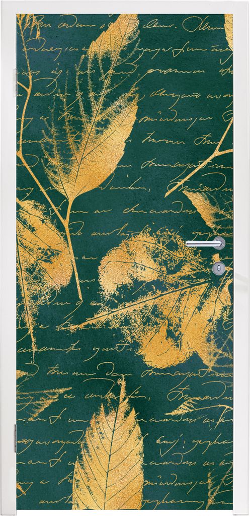 MuchoWow Türtapete Selbstklebende Türfolie Blätter - Gold - Grün 95x235 cm Türposter Türaufkleber Klebefolie Türklebefolie - XXL-Poster - ...