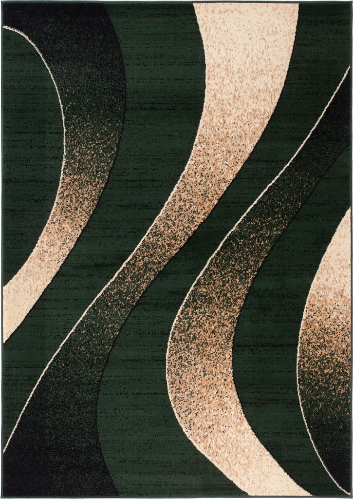 A close-up, top-down view of a rug with a modern abstract design.
