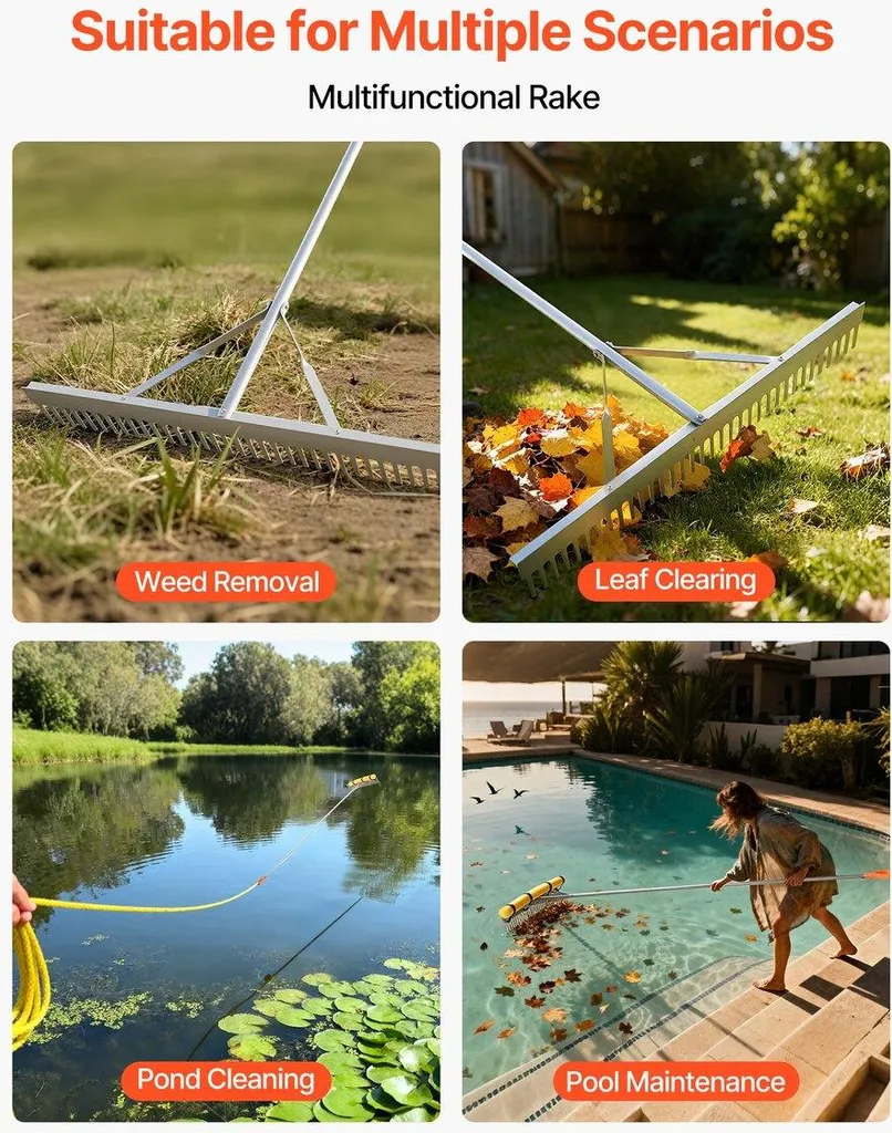 Rastrello da giardino, testa larga 914 mm, manico 3380 mm, grande rastrello da giardino in alluminio per impieghi gravosi, livella per asfalto per smuovere il terreno, giardino e cortile, cura della ghiaia del laghetto e del prato sulla spiaggia, corda da 15,8 m - 2