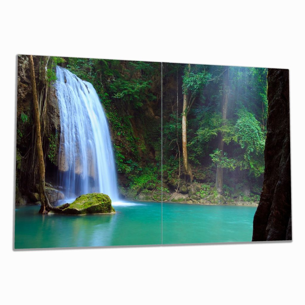 Wallario Herdabdeckplatte aus Glas, Größe 80 x 52 cm 2-teilig, Motiv Wasserfall im Wald am See Idylle in Thailand