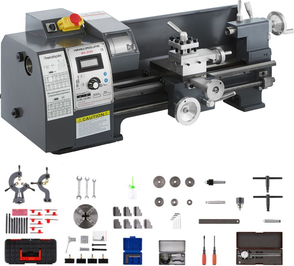 A mini metal lathe and its accessories are displayed against a light gray background.
