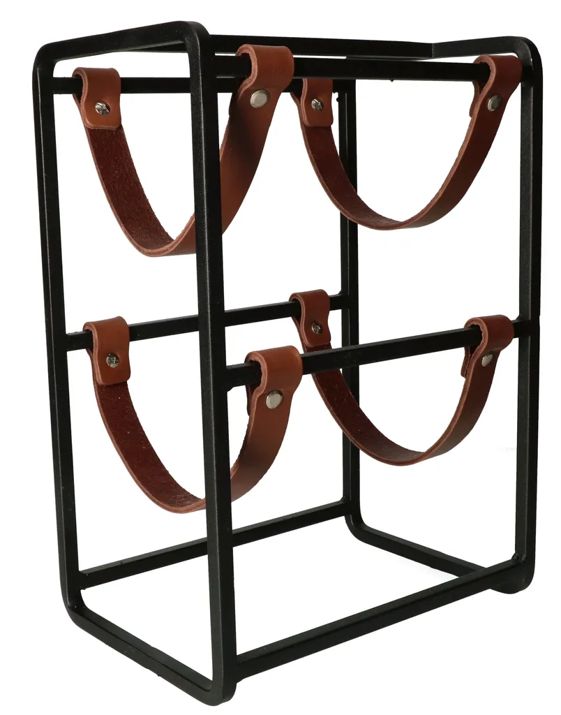 Porte-bouteille double en métal design moderne avec sangles en cuir