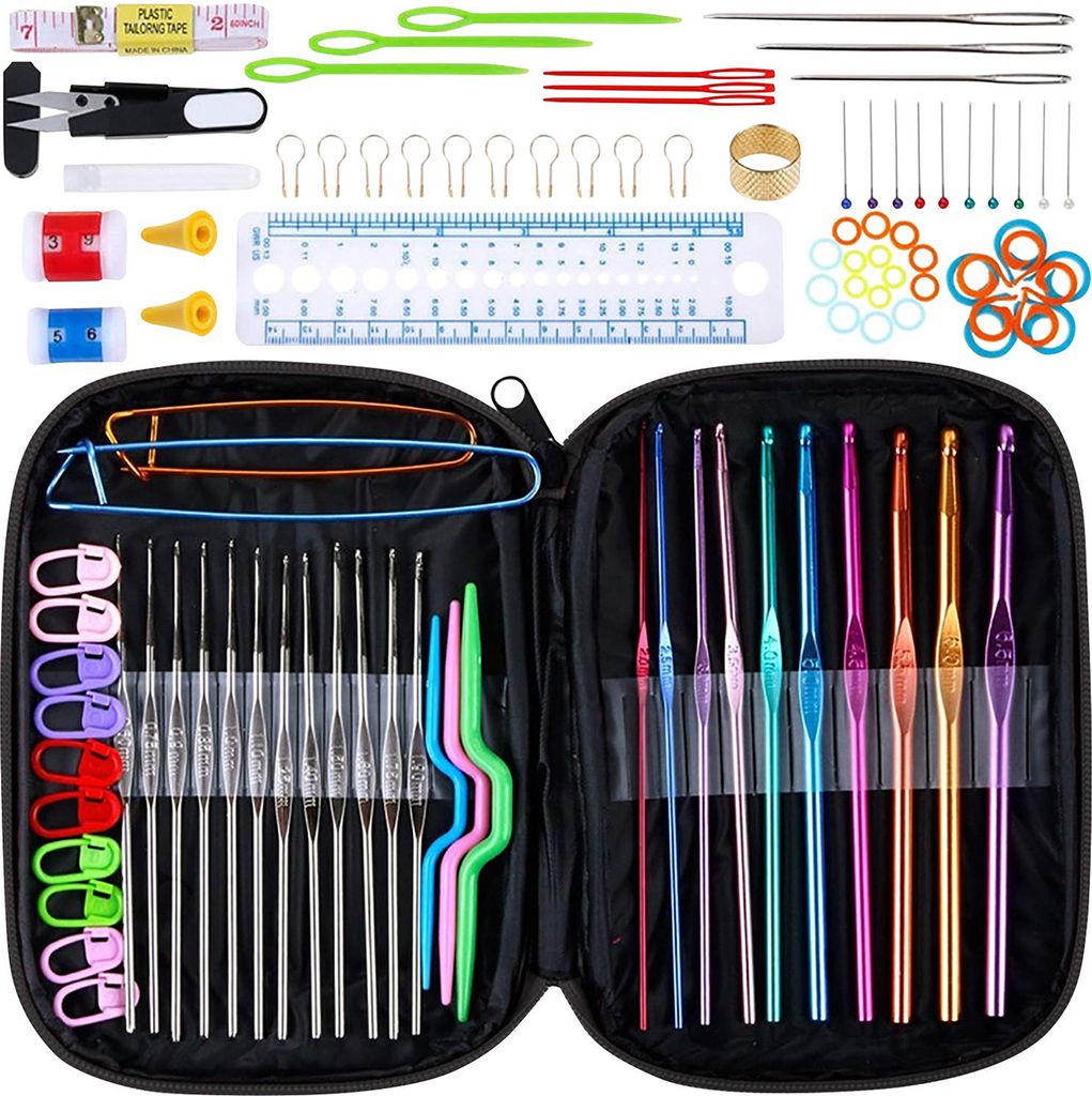 100er Häkelhaken Set aus Aluminium mit Tasche Häkelnadeln Mini Häkeln Stricknadeln Stricken für Kinder ab 8 Jahren Bunte Nadeln Ergonomische