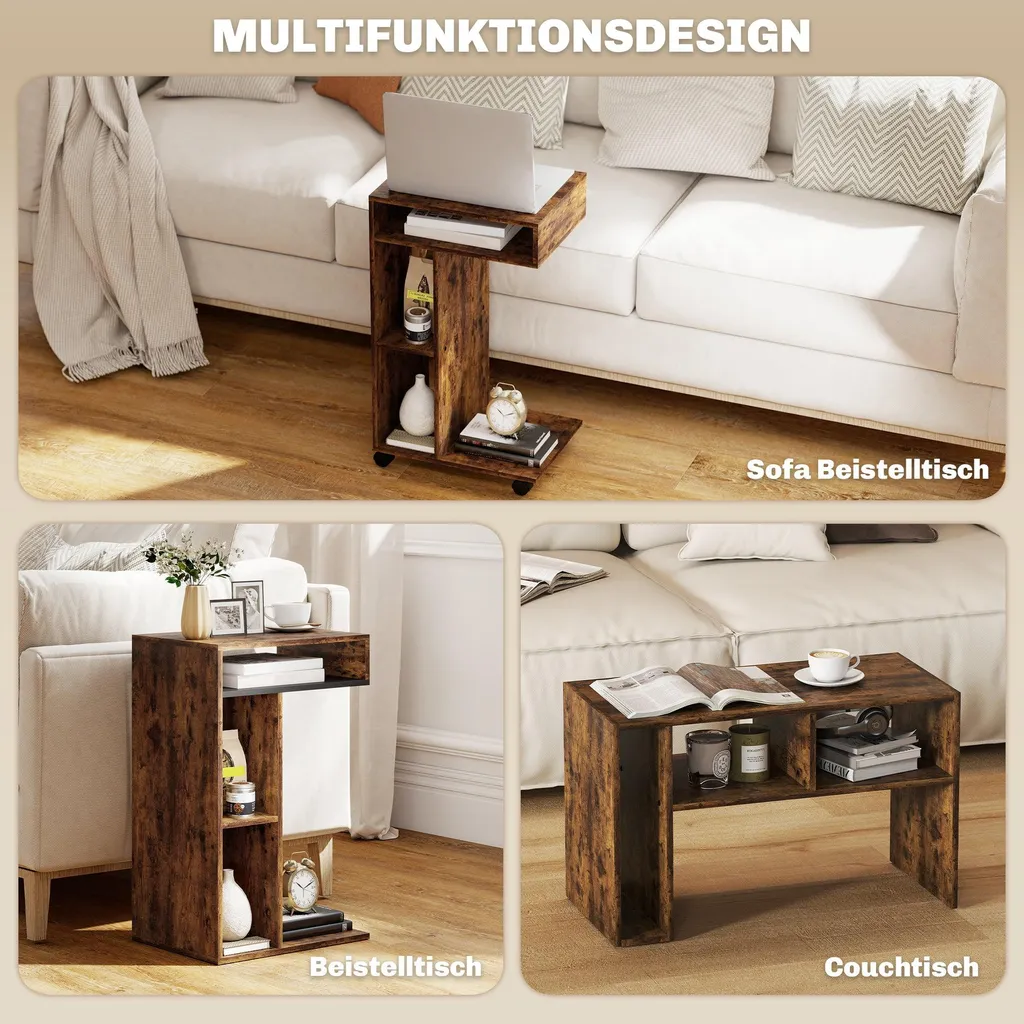 Table d'appoint en C à roulettes avec 3 étagères bois marron rustique - 5