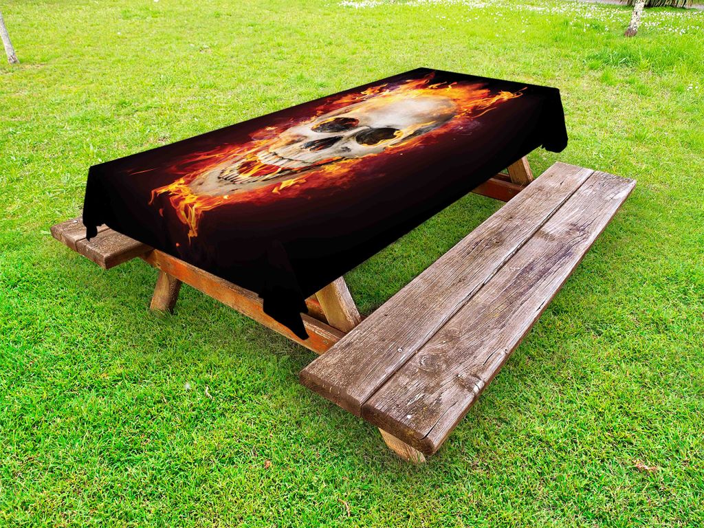 ABAKUHAUS Schädel Tischdecke Outdoor, Scary Skeleton Kopf auf Feuer mit Flammen in der Dunkelheit Der Gothic Design, Seal Braun Orange und Abendd...