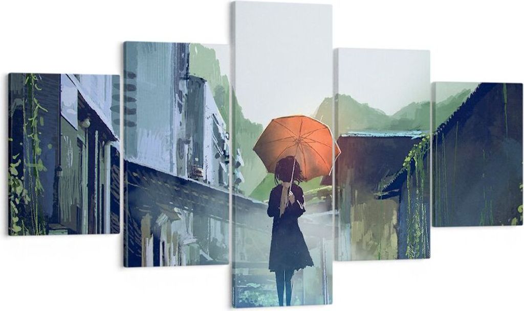 Bild auf Leinwand - Leinwandbild - Frau Straße Haus - 125x70cm - Wand Bild - Wanddeko - Wandbilder - Leinwanddruck - Bilder - Kunstdruck - Wanddek...