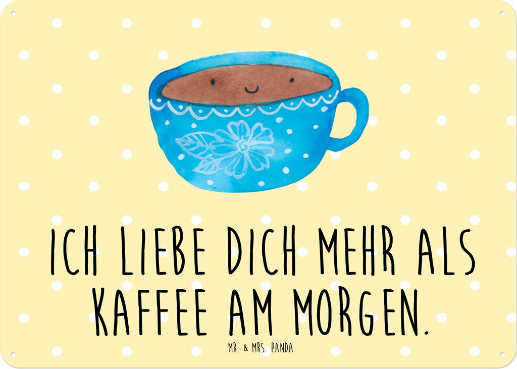 Mr. & Mrs. Panda Schild Kaffee Tasse DIN A5 - Gelb Pastell - Geschenk, Wandbild, Genuss, Glücklich, Liebe, Gute Laune, Geschmack, Magnetschild, T...