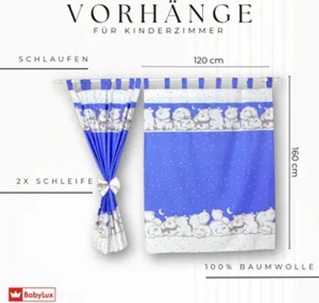 BABYLUX Kinderzimmer VORHÄNGE mit Schlaufen 85. Eisbär d.Blau