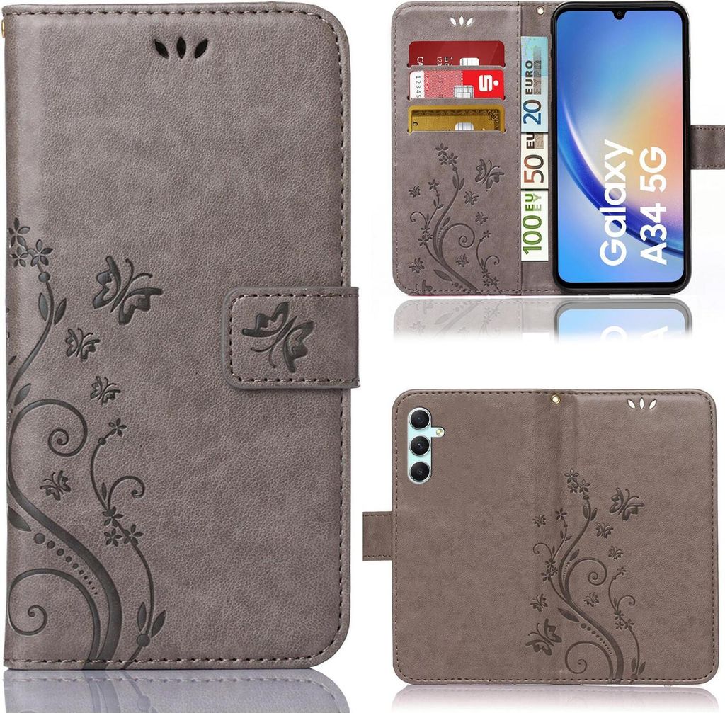Handy Tasche für Samsung Galaxy A34 5G Schutz Hülle Handyhülle mit Blumenmuster Klapp Hülle mit Standfunktion und Kartenfächer Grau