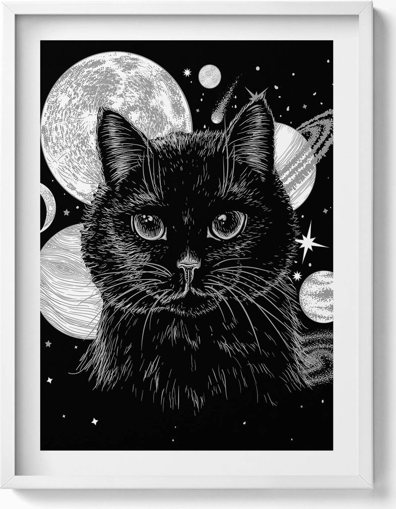 Magische schwarze Katze und Kosmos– Wandbild mit Rahmen – Gerahmtes Bild – Wanddekoration – 60x80 cm – Weiß Rahmen