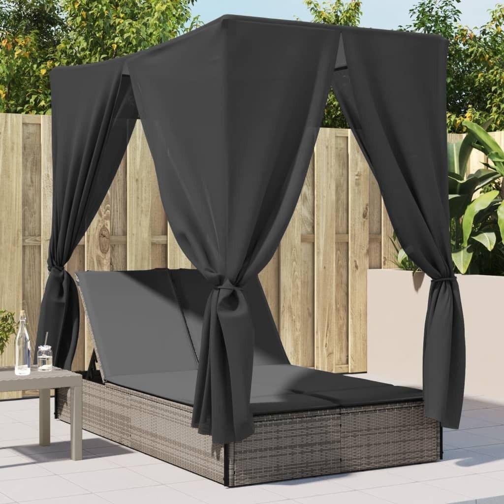 Design Doppel-Sonnenliege mit Dach und Vorhängen Grau Poly Rattan, Gartenliegen 2024 Neu