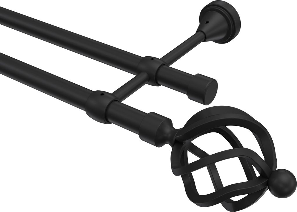 Interdeco Gardinenstange / Vorhangstange Schwarz, Typ Primus Paolo (Schmiedekugel), 16 mm Ø 2-läufig, 280 cm