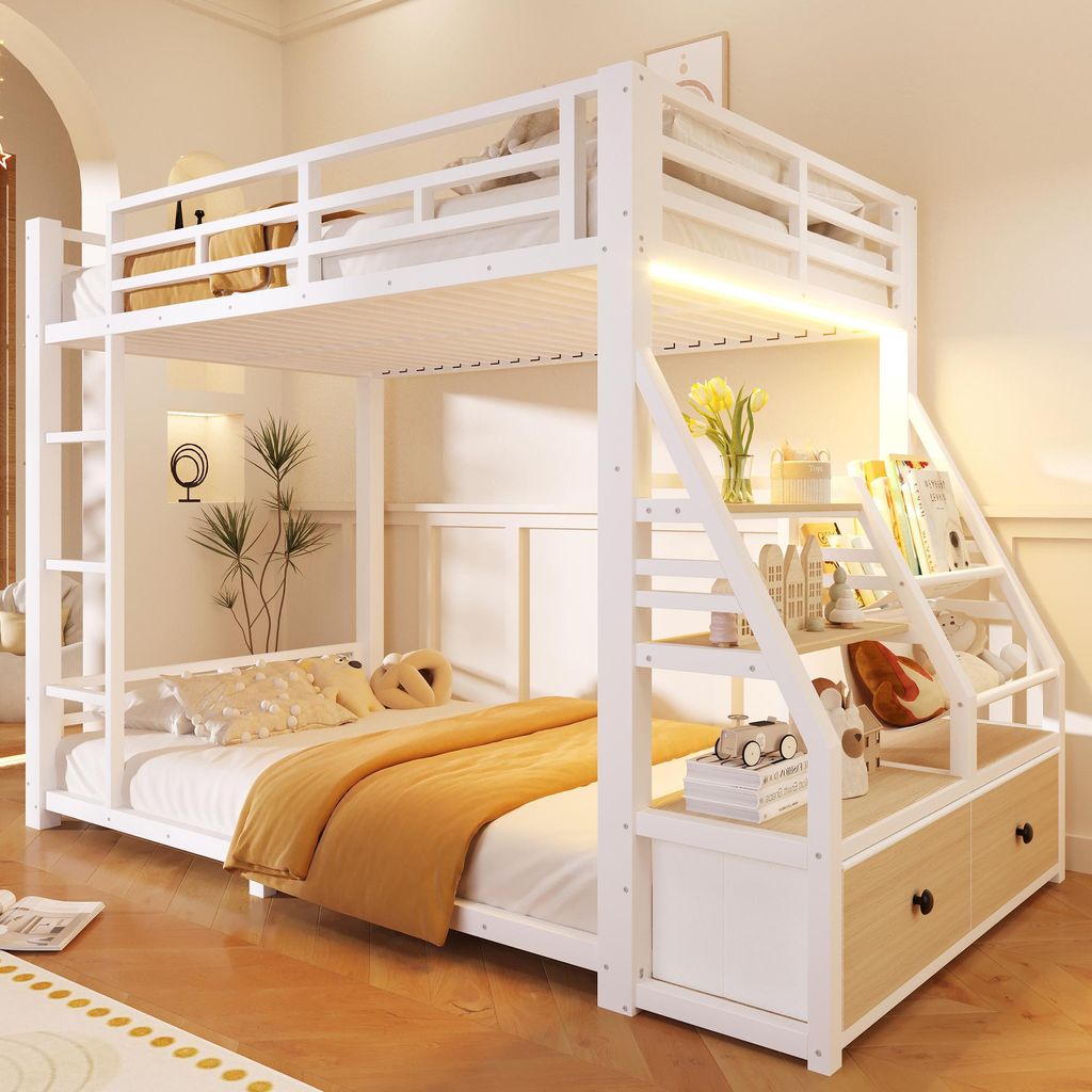 okwish Etagenbett 90×200 mit zwei Schubladen und LED-Beleuchtung, Doppelbett mit offener Stauraum, Jugendbett in Weiß, ohne Matratze