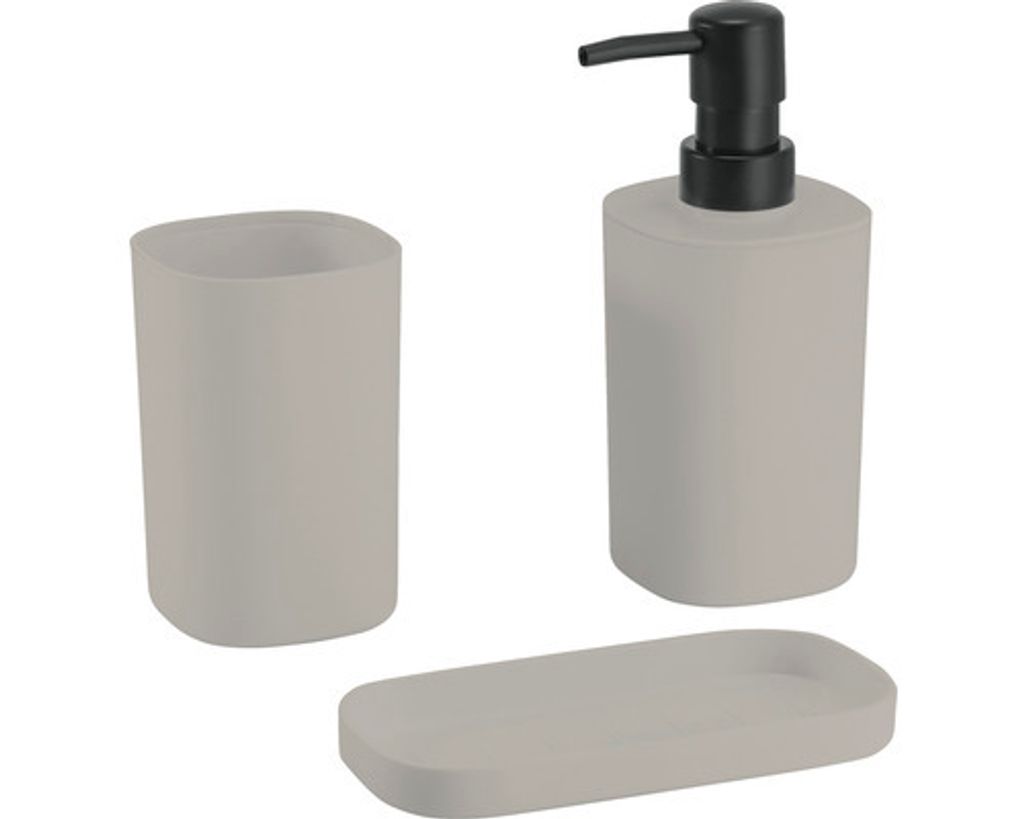 MSV Bad Accessoires 3-teilig Lona - Seifenspender, Seifenschale, Zahnputzbecher Taupe