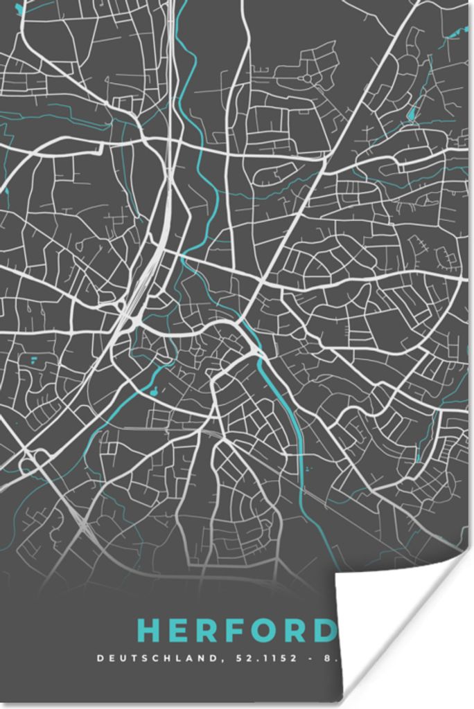 MuchoWow Poster Stadtplan - Karte - Herford - Blau - Deutschland - Karte 120x180 cm - Kunstposter