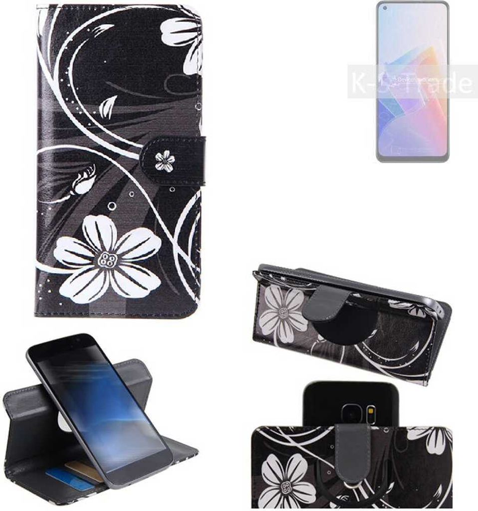 K-S-Trade Schutzhülle Handyhülle kompatibel mit Oppo Reno7 Lite 5G Hülle 360° Wallet Case ''Flowers'' Klapphülle Hülle schwarz-weiß 1x