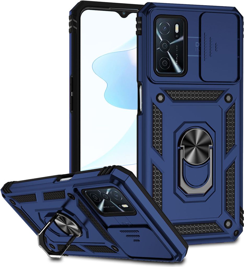 A blue phone case with a sliding camera cover and a ring holder is shown from two angles against a white background.