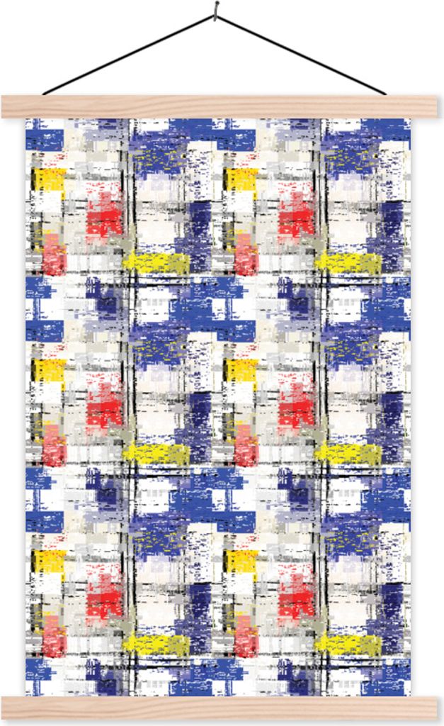MuchoWow Textilposter Mondrian - Gelb - Rot - Blau - Weiß 40x60 cm mit holzfarbenen Rahmen - Poster