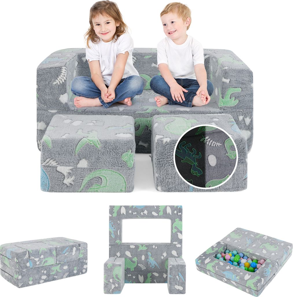 DREAMADE Modulares Spielsofaset für Kinder, lustige Sofagarnitur aus Schaumstoff mit leuchtenden Mustern, für Kinder ab 3 Jahren(Grau)