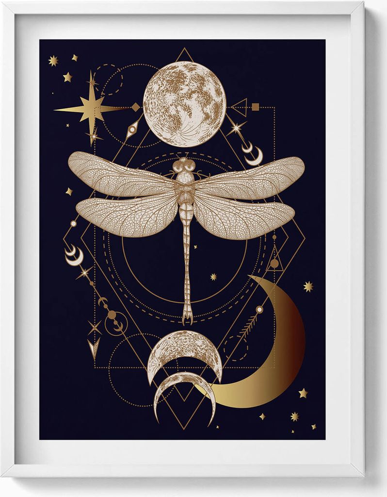 Magische Komposition aus Kosmos und Libelle– Wandbild mit Rahmen – Gerahmtes Bild – Wanddekoration – 60x80 cm – Weiß Rahmen