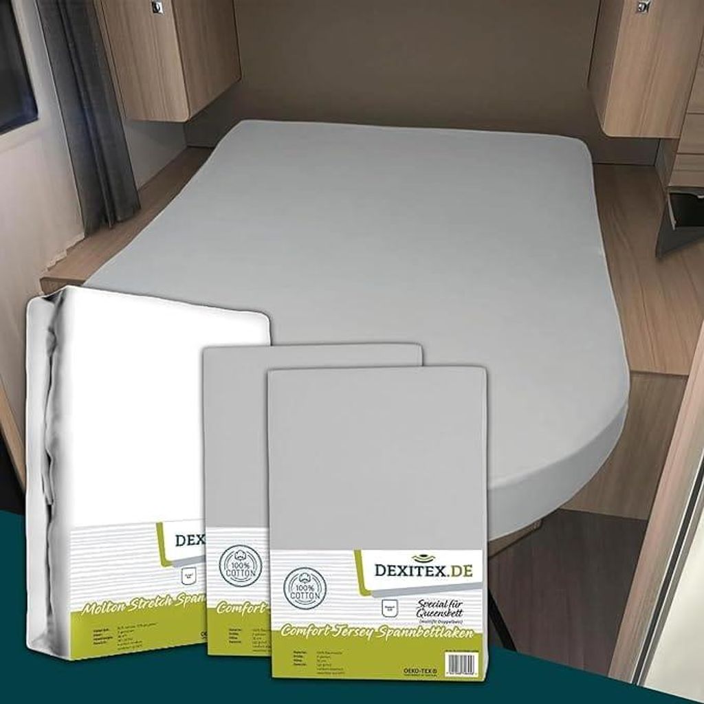Dexitex Bettlaken Queensbett Wohnmobil & Wohnwagen 3er Set – 1 Molton + 2 Spannbettlaken – Multi-Stretch Jersey Baumwolle – Hellgrau/Weiß