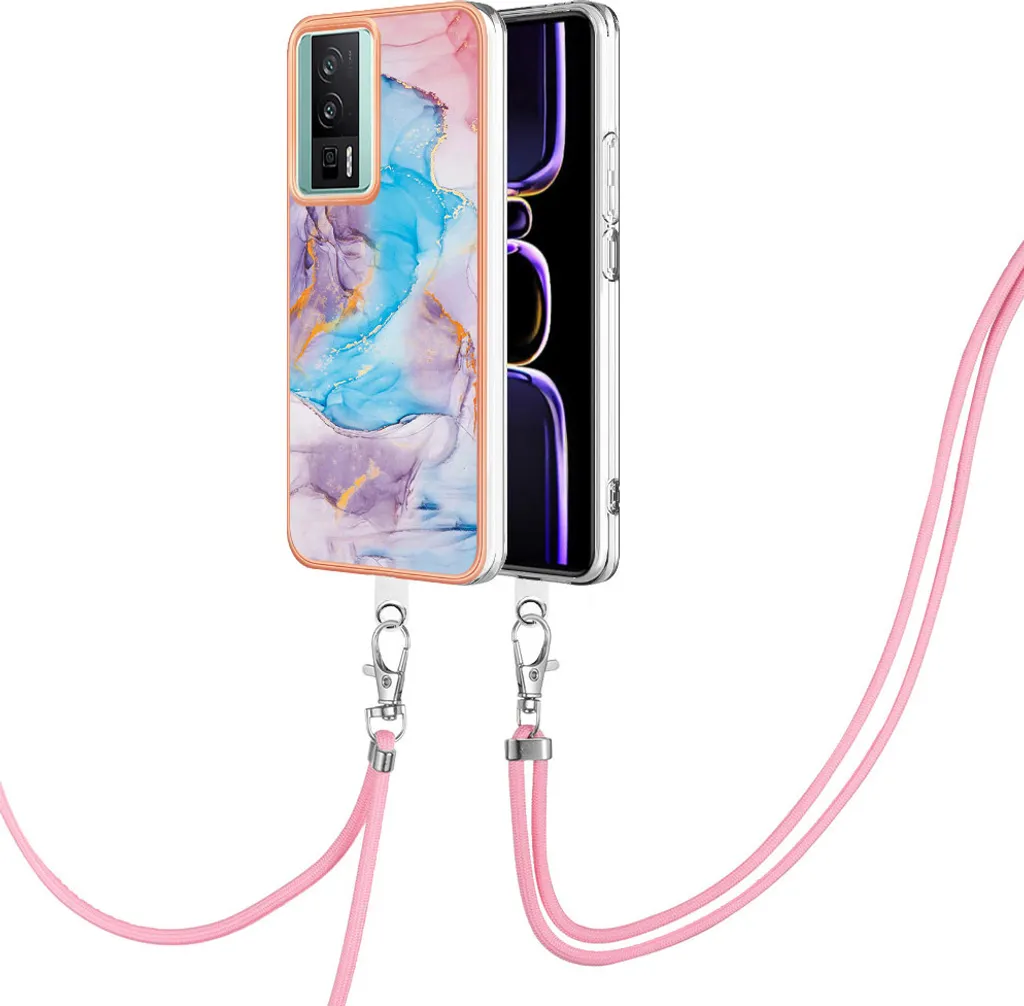 Custodia con cinturino per Xiaomi Poco F5 Pro/Redmi K60, custodia in TPU a fantasia con cinturino regolabile blu