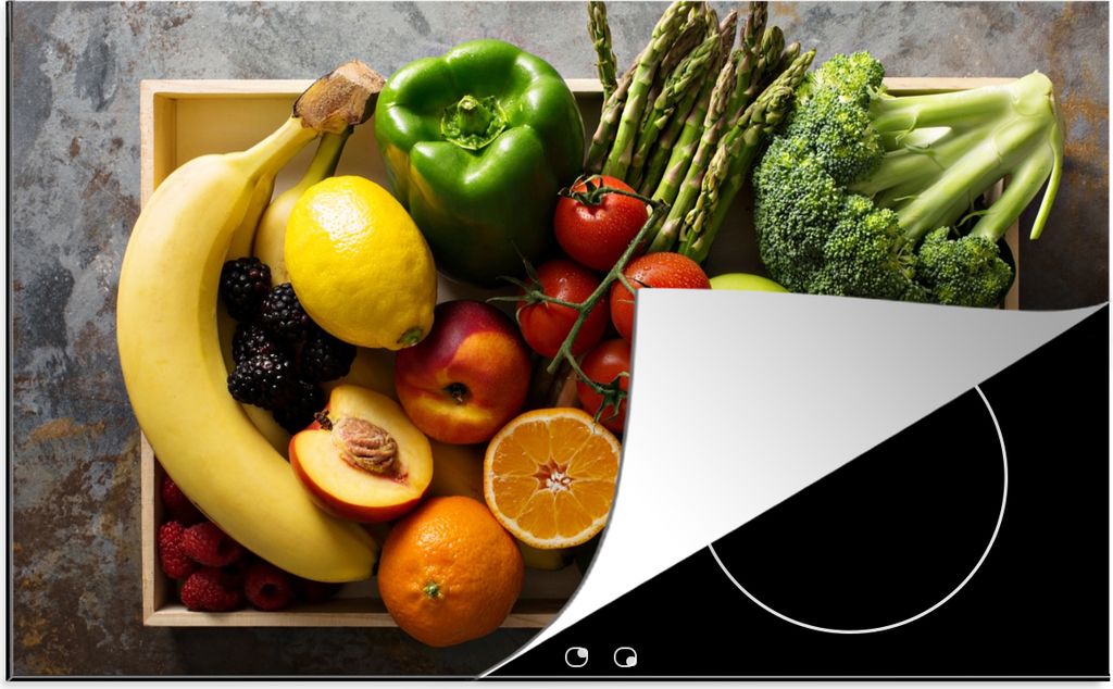 KitchenYeah Herdabdeckplatte Kiste - Obst - Regenbogen , 90x52cm, Küche Deko, Glaskeramikfeld Herdabdeckung, Abdeckplatte fùr Kochfeld