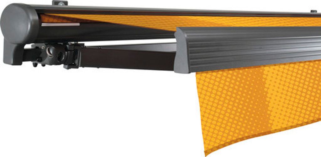 SOLUNA Halbkassettenmarkise Comfort 6x2 Dessin J200 Gestell DB703 dunkelgrau Antrieb links inkl. Motor und Wandschalter